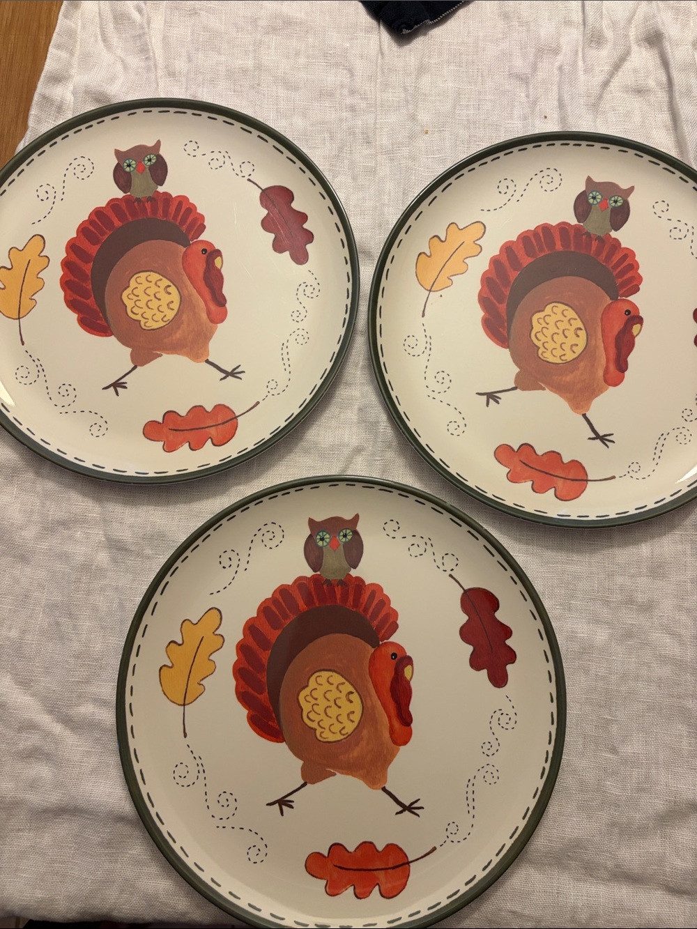 Pottery Barn Kids Cream Turkey Dinner Plates with Orange, Red, Brown set of 3